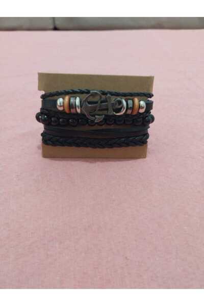 asya stil Leather Bracelet Anchor Figured Set of Three