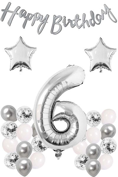 Ezgi Party Store Silver Concept Σετ γιορτής γενεθλίων 6 ετών Λευκό ασημί καραμέλα με αστέρι με αλουμινόχαρτο και πανό
