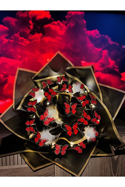 Store Led Işıklı Kırmızı Siyah Kelebek Buketi Sevgililer Günü Anneler Günü Do...