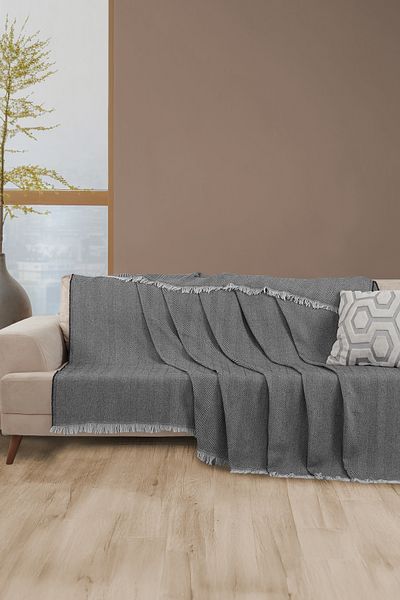 LADYNİL Husa de canapea cu franjuri neagra - 100% bumbac, sal de canapea 180x210 cm