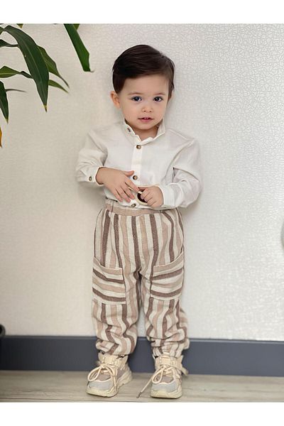 favorimkids Linen Cream Striped 2-Pocket Set - Bottom and Top Set