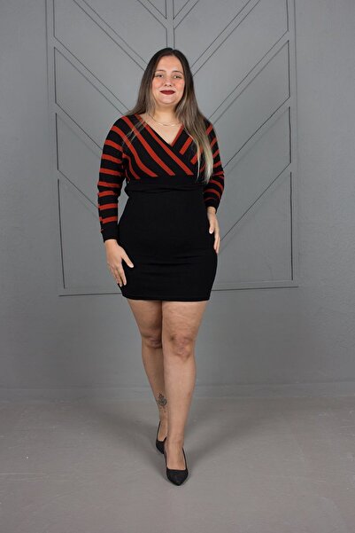 Truva XXL Plus Size Front Back V-Neck Knitwear Dress