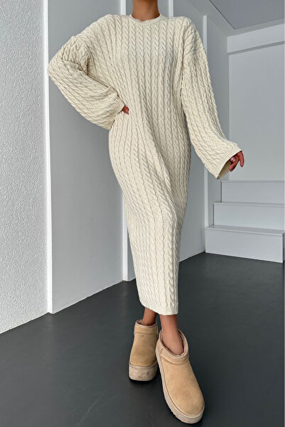novalook Ekru Triko Midi Elbise