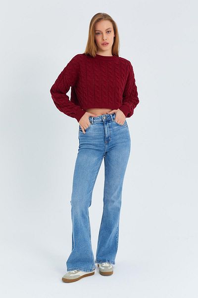 Mixray 6863 Model Roșu Claret Pulover Crop Tricot pentru Femei - Păr împletit