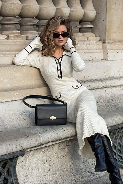 novalook Rochie midi ecru cu guler tip cămașă