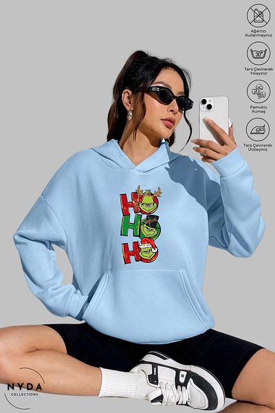 Nyda Collections Grinch Hohoho Anul Nou Crăciun imprimat unisex cu glugă din bumbac supradimensionat