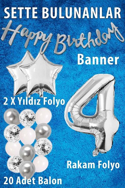 Ezgi Party Store Silver Concept Σετ γιορτής γενεθλίων 4 ετών Λευκό ασημί καραμέλα με αλουμινόχαρτο με αστέρια και πανό