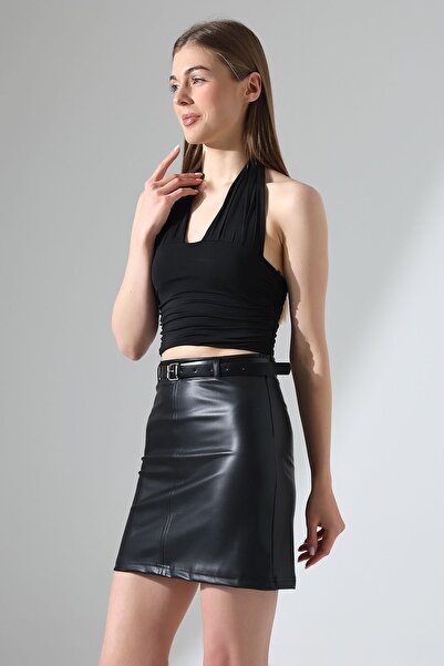 Gugus Fusta mini din piele pentru femei Trend - Top din fleece cu detaliu de curea