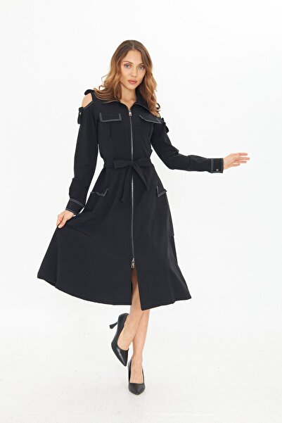 LAMANTE OMUZ DETAYLI SİYAH GÖMLEK ELBİSE