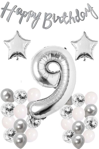 Ezgi Party Store Silver Concept 9 Years Birthday Celebration Set White Silver Confetti Balloon Figure Star Foil and Banner