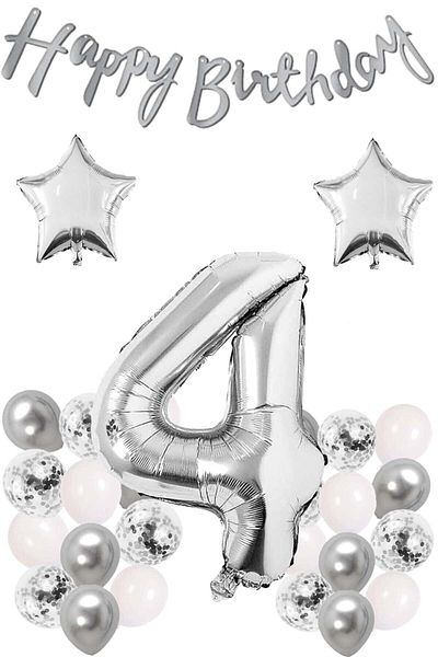 Ezgi Party Store Silver Concept Σετ γιορτής γενεθλίων 4 ετών Λευκό ασημί καραμέλα με αλουμινόχαρτο με αστέρια και πανό