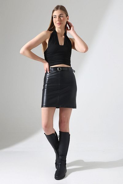 Gugus Fusta mini din piele pentru femei Trend - Top din fleece cu detaliu de curea