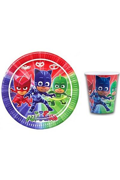Neşeli Ambalaj مجموعة من 8 قطع من أكواب PJ Masks Pijamaskeliler من الورق المقوى وأطباق PJ Masquerade