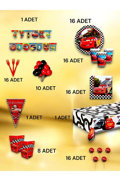 VibeHome Ultra-Luxury Set for 16 People with Cars Theme - Birthday Party and Fun Events