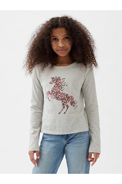 GAP Kız Çocuk Gri Organik Pamuk Grafikli T-Shirt