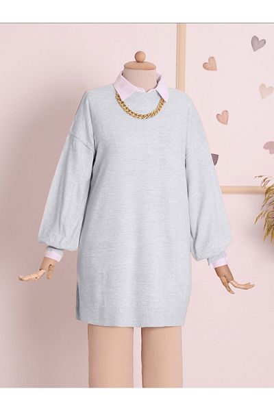 Modamorfo Plain Crew Neck Balloon Sleeve Knitwear Tunic