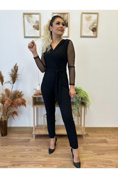 İpeksi Silky Crepe Fabric Sleeve Tulle Point Detailed Belted Jumpsuit 141 cm