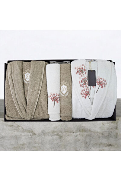 KÜBRAHOME'S TANE KREM -BEJ 6 Lİ NAKIŞLI AİLE BORNOZ SETİ