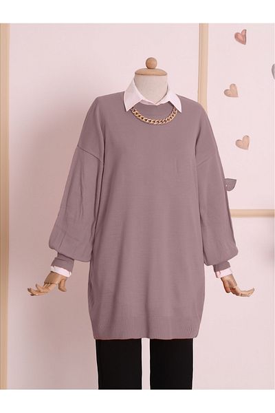 Modamorfo Plain Crew Neck Balloon Sleeve Knitwear Tunic