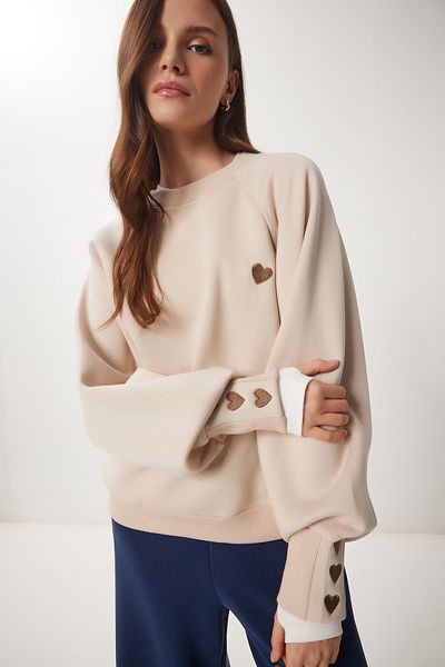 Lovelyİstanbul Knitted Sweatshirt - Heart Embroidery and Raster, Biscuit Lmp0005