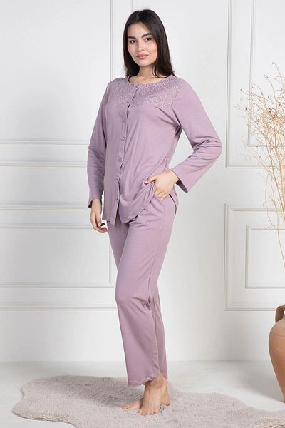 Mecit Pijama Μπροστινό κουμπί, μακρυμάνικο, τσέπη, γυναικείο σετ πιτζάμες, δαντέλα γιακά, βαμβάκι & βισκόζη