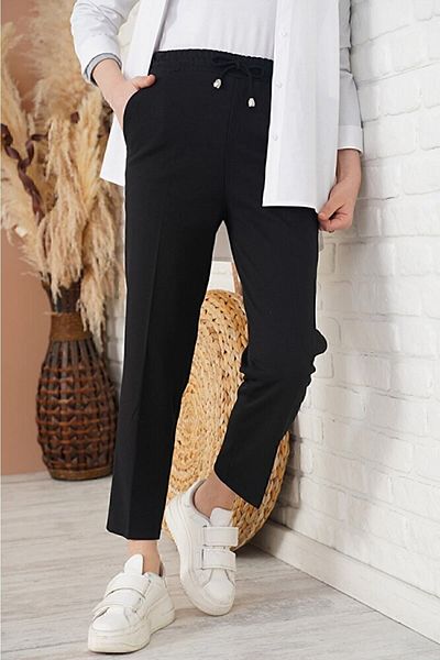 asilmoda Women's Rope Detailed Elastic Waist Skinny Leg Black Trousers