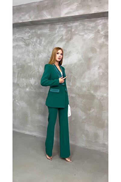 Genel Markalar Kadın Çift Düğmeli Saten Yaka Takım Elbise