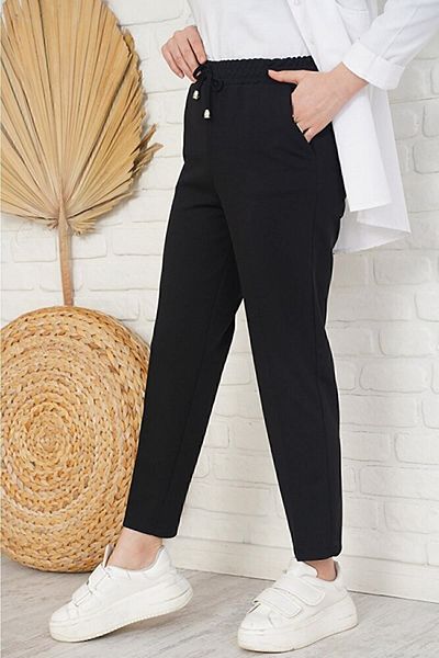asilmoda Women's Rope Detailed Elastic Waist Skinny Leg Black Trousers