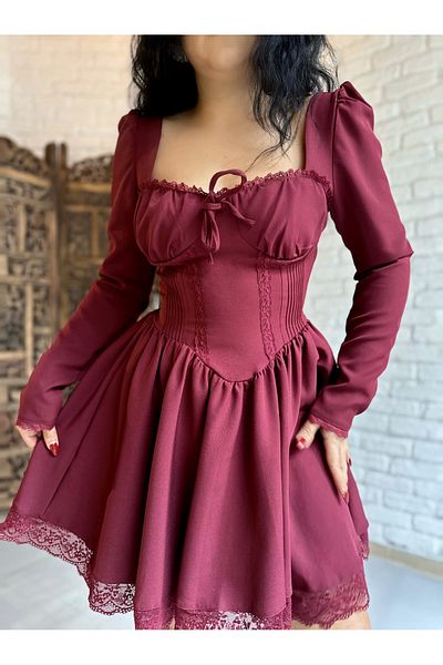 moneta boutique Lace Detailed Corset Look Pleated Mini Dress