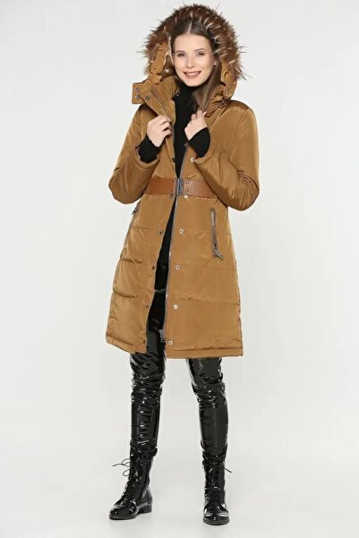 DHDmoda Kürklü Kapüşonu Çıkabilen Fermuarlı Çıtçıtlı Cepli Kemerli Kaban