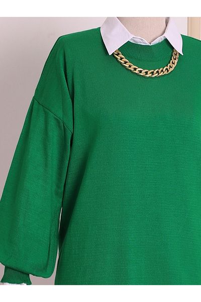 Modamorfo Emerald Balloon Sleeve Knitwear Tunic - Plain Crew Neck
