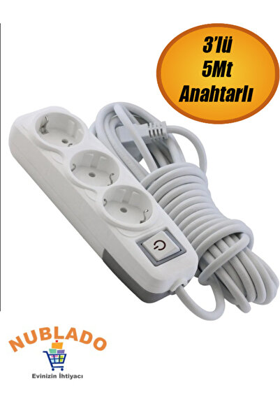 NUBLADO Grup Priz 3'lü Anahtarlı Topraklı 5 Metre Seyyar Ara Kablolu Uzatma K...