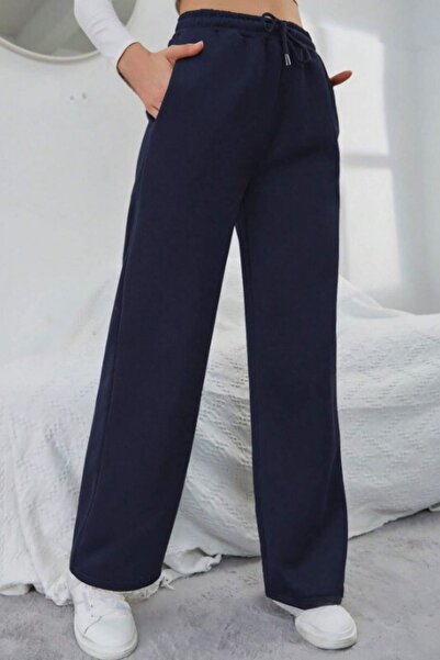 kallima Lacivert Kışlık Kalın Şardonlu Içi Polarlı Yüksek Bel Bol Paça Bağcıklı Gizli Cepli Eşofman Altı