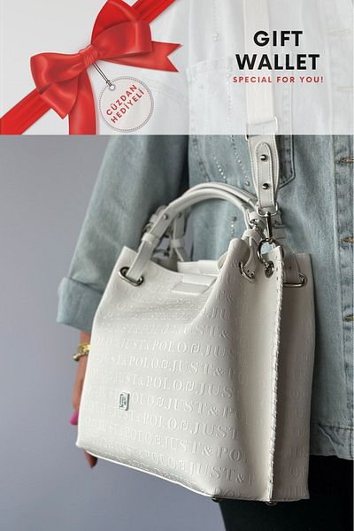 GALB LEATHER Бяла дамска чанта за рамо 4031 - Портфейл за подарък, 4 отделения, заден джоб, широка презрамка