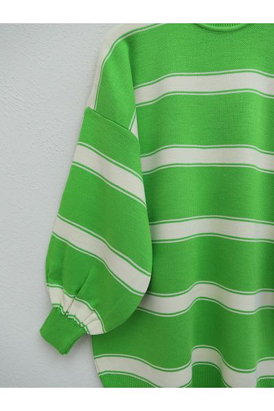 Modamorfo F.Green Striped Half Throat Balloon Sleeve Knitwear Tunic