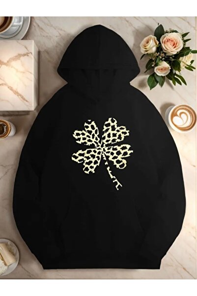 WOODROFFE Дамска блуза с качулка, с принт на леопардови звезди и детелини, в ...