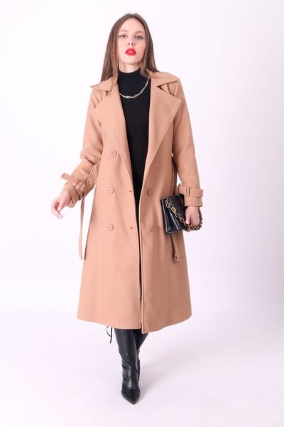 piel island معطف نسائي طويل بحزام وأزرار باللون البني