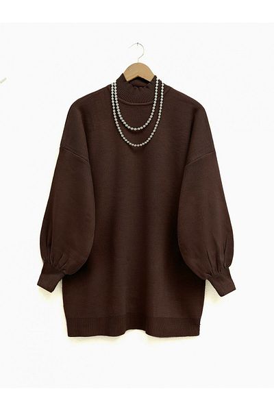 Modamorfo Half Throat Balloon Sleeve Knitwear Tunic -Brown