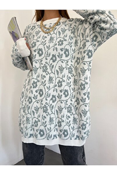 Modamorfo Pletená tunika s kulatým výstřihem s květinovým potiskem - Aqua zelená