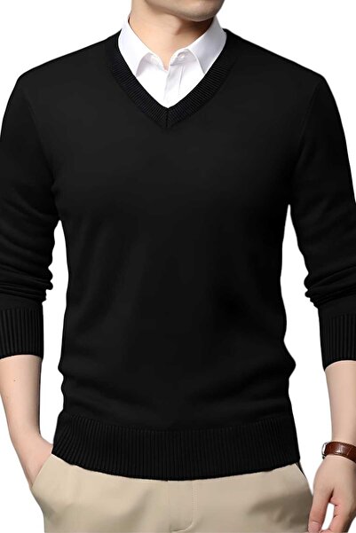 Uniquetrenders Чоловічий V-подібний комір, довгі рукави, трикотажний светр, облягаючий крій, комплект з 2 штук