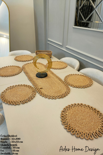 ADES HOME DESİGN Jüt, Amerikan Servis Takımı, 6 Supla, 1 Ekmek Sepeti, 1 Runn...