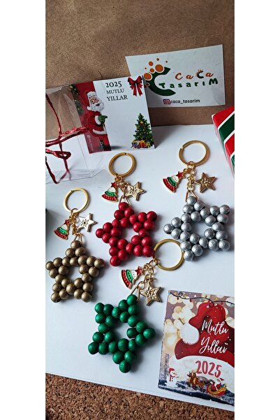 cacatasarım Yılbaşı Figürleri  ve Ahşap Boncuk Yıldız Anahtarlık 4 Adet Kartl...