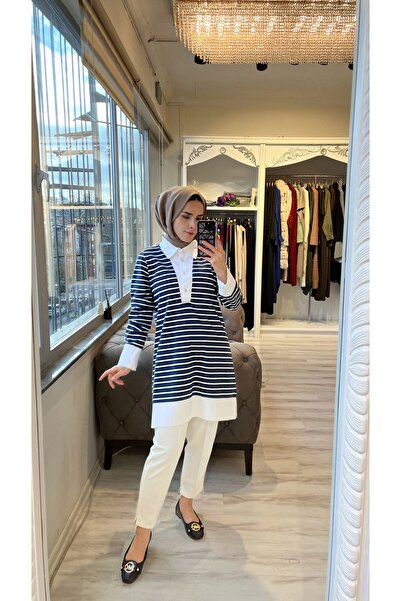 Invee 7044 Navy Blue Striped Combed Cotton Tunic