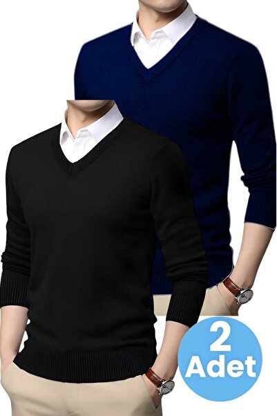 Uniquetrenders Чоловічий V-подібний комір, довгі рукави, трикотажний светр, облягаючий крій, комплект з 2 штук