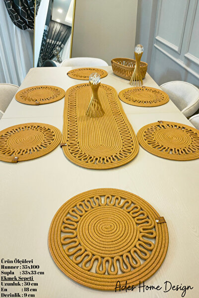ADES HOME DESİGN Jüt, Amerikan Servis Takımı, 6 Supla, 1 Ekmek Sepeti, 1 Runn...