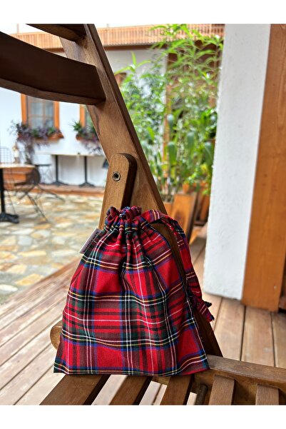 Sumicorn Design İskoç Tartan Ekoseli Bez Büzgülü İpli Kese, Ekolojik Keten Mini Düzenleyici, Yılbaşı Hediyesi