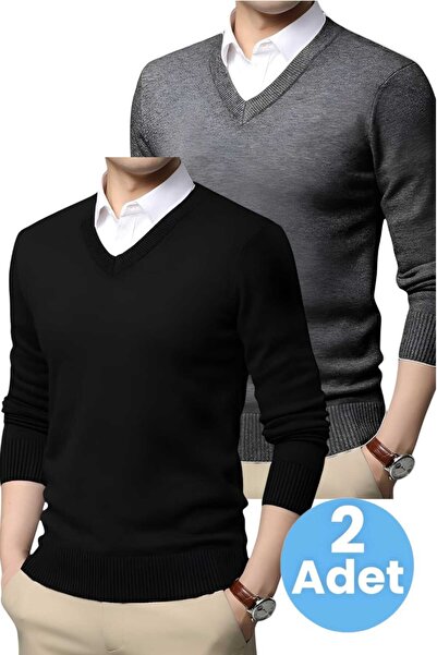 Uniquetrenders Чоловічий V-подібний комір, довгі рукави, трикотажний светр, облягаючий крій, комплект з 2 штук