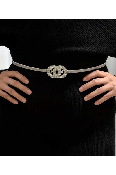 Beyna Crystal Stones Embellished Ring Buckle Elegant Women's Silver Coated Stretching Metal Belt