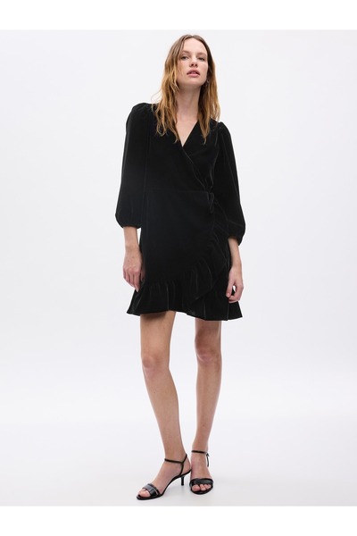 GAP Kadın Siyah Kadife Wrap Mini Elbise