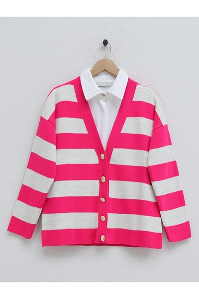 Modamorfo Thick Striped Araboy Knitwear Cardigan -Fuchsia